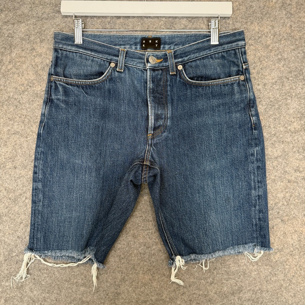ASKET Denim Shorts Mens 31 Button Fly Low Rise 9" Inseam‎ Frayed Organic Italy